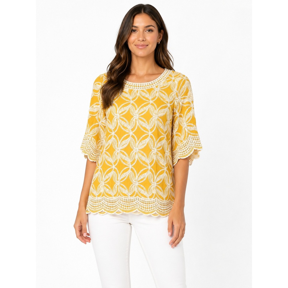 Solitaire Anthropologie Mustard Yellow Embroidered Lace Top Small Boho Scalloped